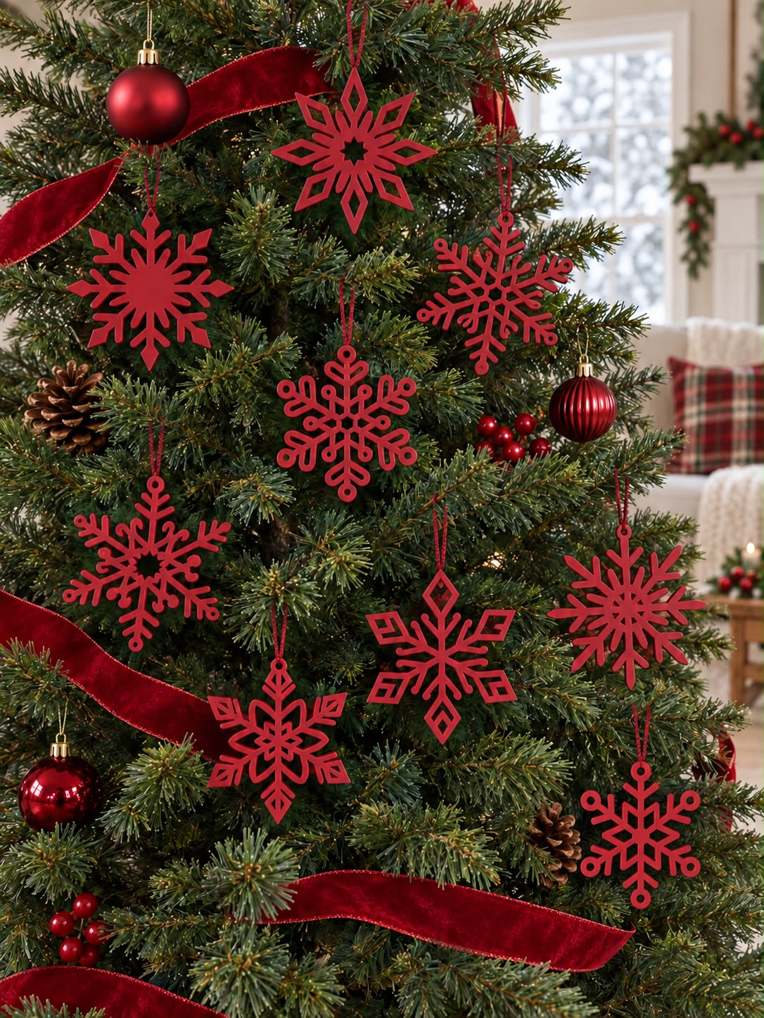Red 3D-printed snowflake ornaments in assorted designs hanging on a decorated Christmas tree