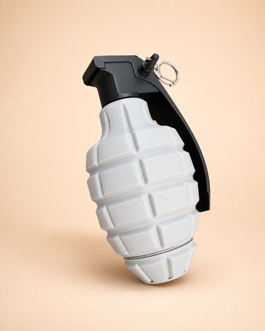 Grey and black 3D-printed grenade-shaped container