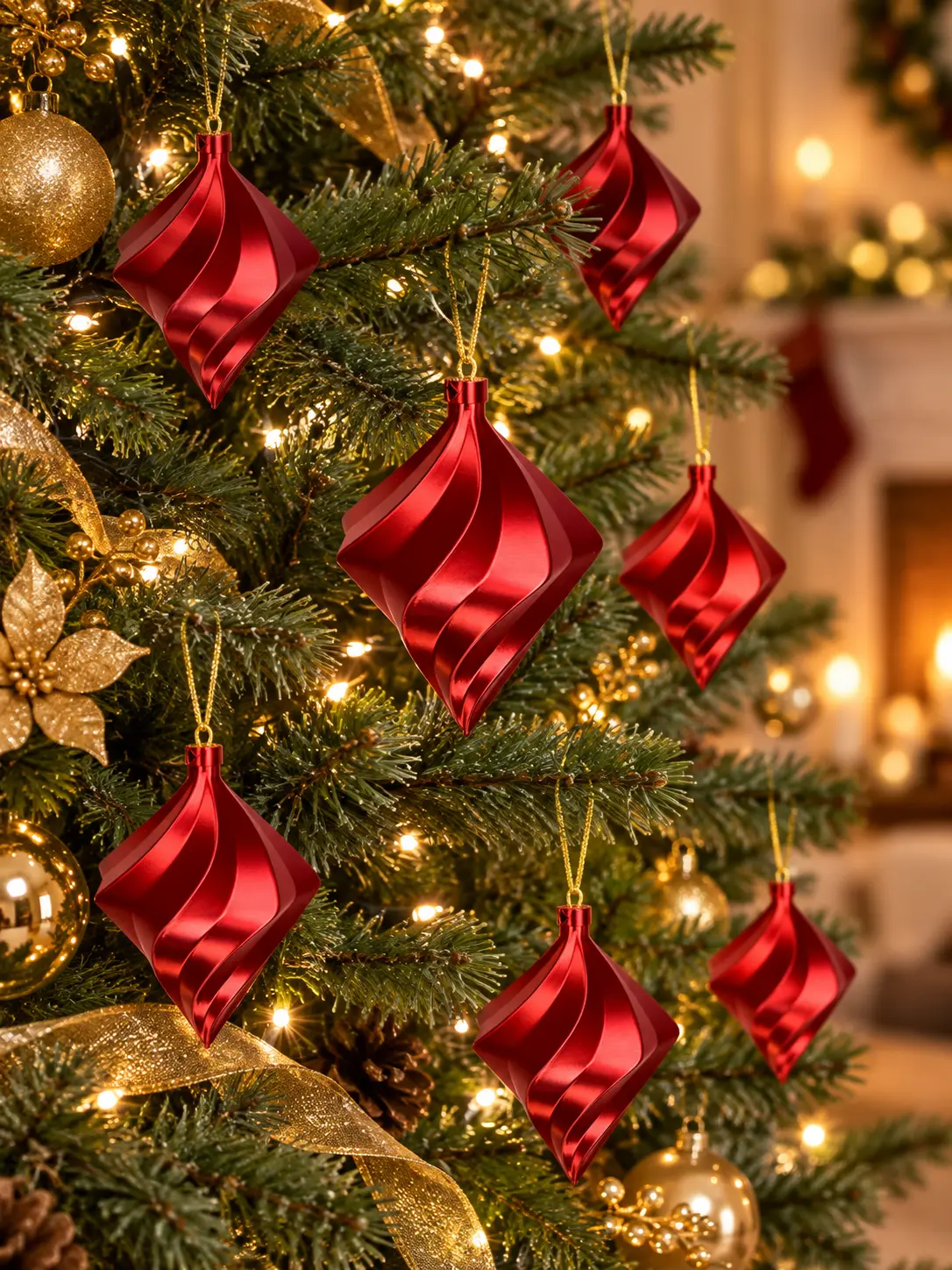 Seven red 3D-printed swirl ornaments hanging on a decorated Christmas tree with gold ribbon