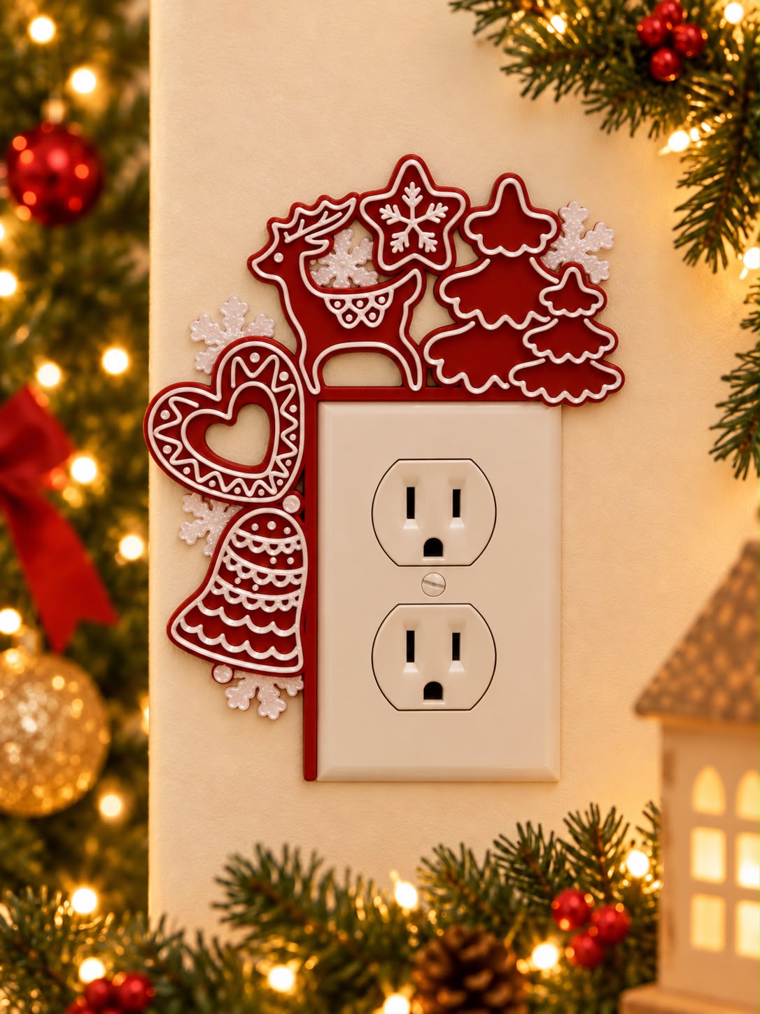 Red and white Christmas outlet decoration with trees, reindeer, gingerbread heart, bell and snowflakes around a duplex outlet