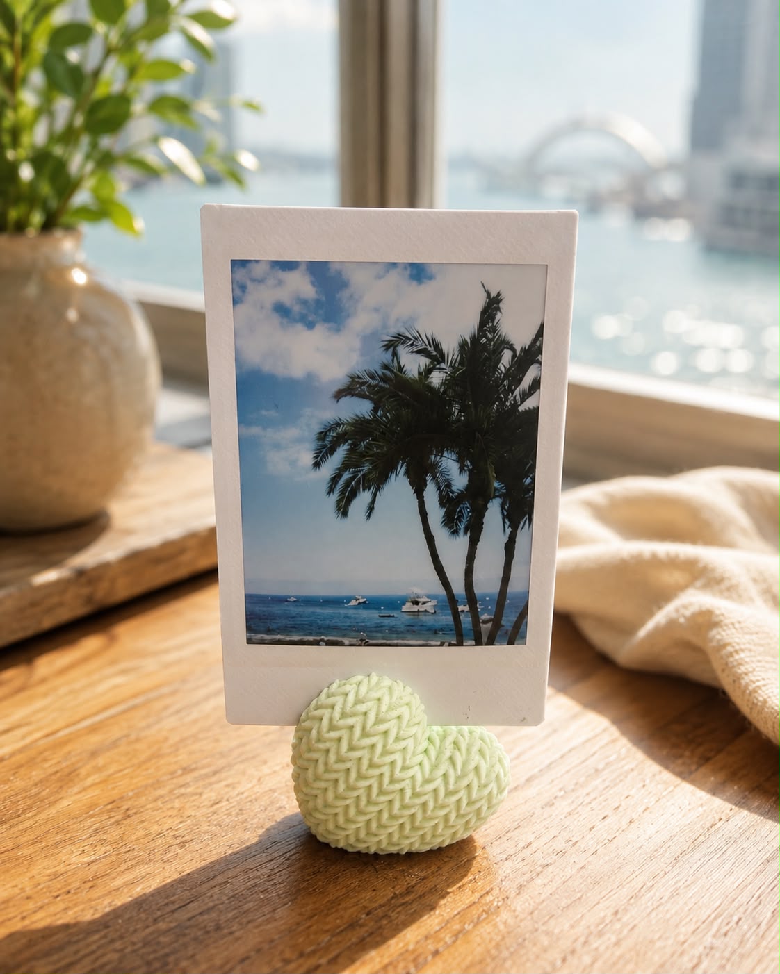 Light green knitted-texture heart photo holder displaying an instant photo