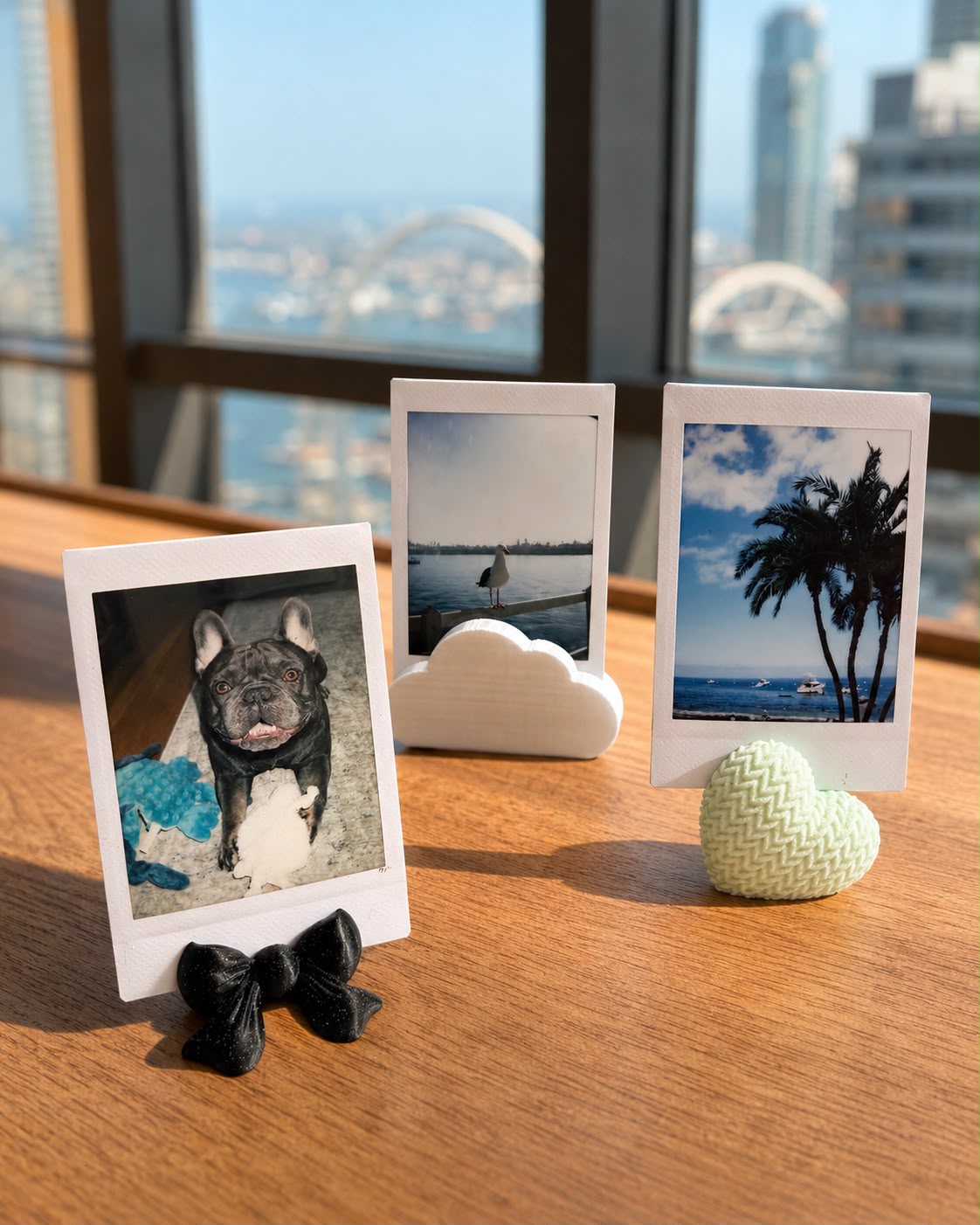 Set of three photo holders — cloud, knitted heart and bow — displaying instant photos