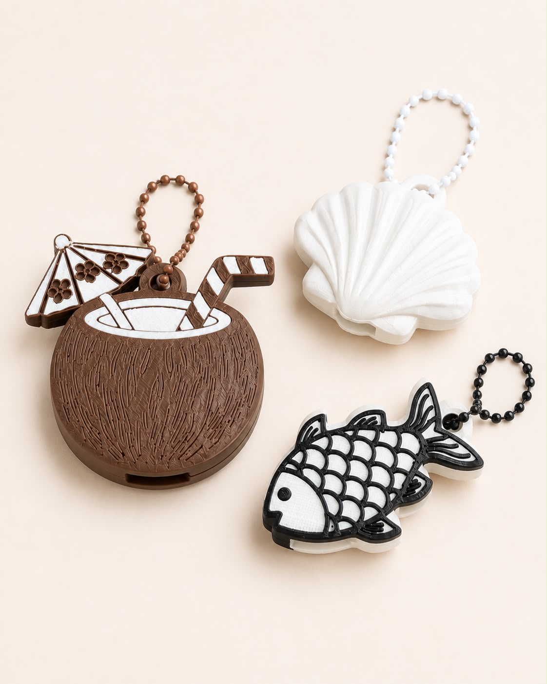 Coconut drink, seashell and fish tropical 3D-printed keychains with bead chains