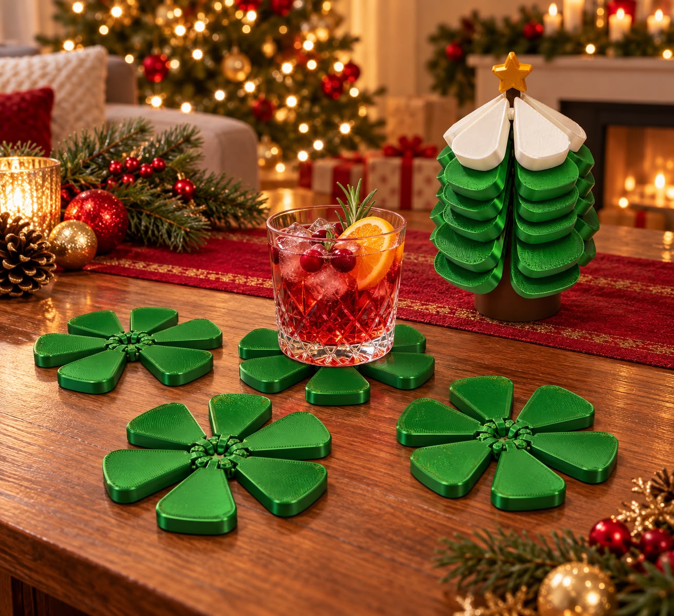 Green flower-shaped 3D-printed coasters on a table beside the stacked coaster Christmas tree with white tips and a gold star