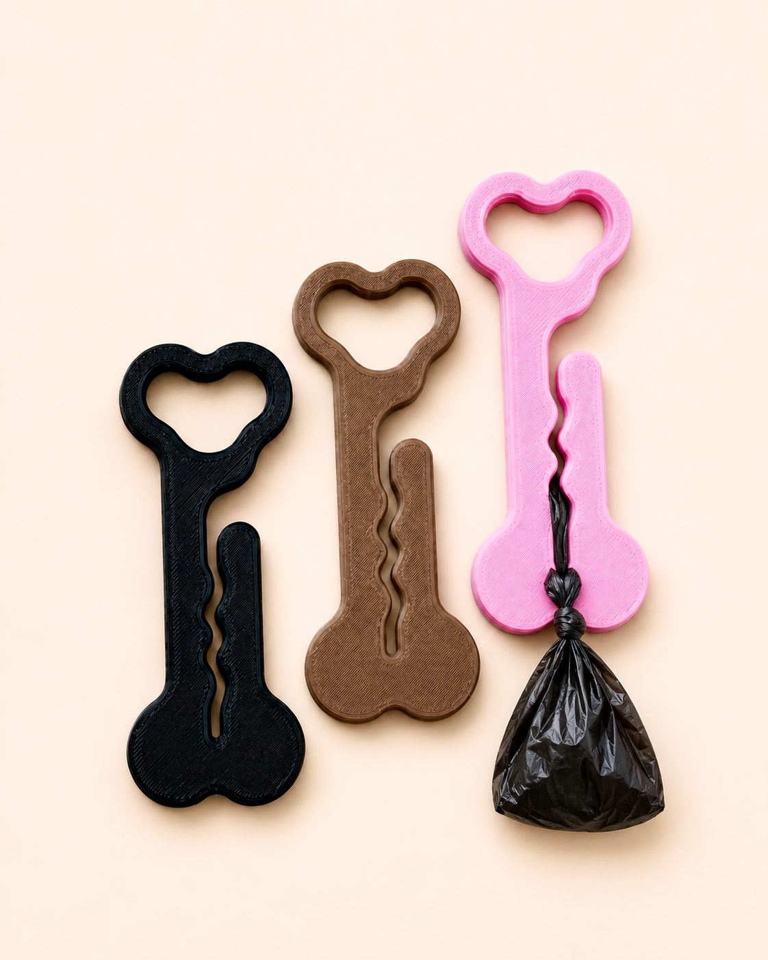Bone-shaped dog waste bag carriers in black, brown and pink, one holding a tied bag