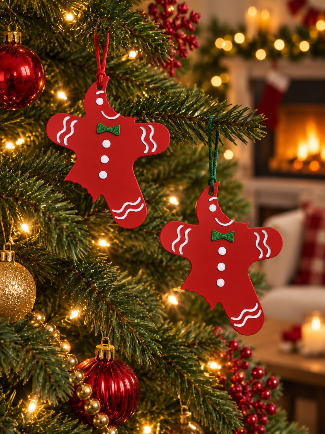 Red bitten gingerbread ornaments with green bow ties and white icing details hanging on a decorated Christmas tree
