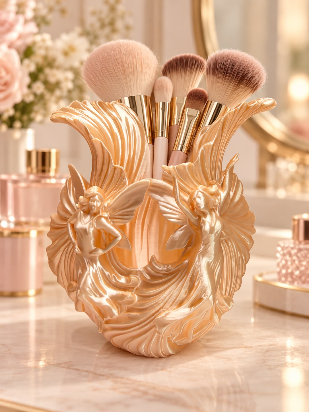 Pearl champagne 3D-printed fairy makeup brush holder with two winged fairies filled with makeup brushes