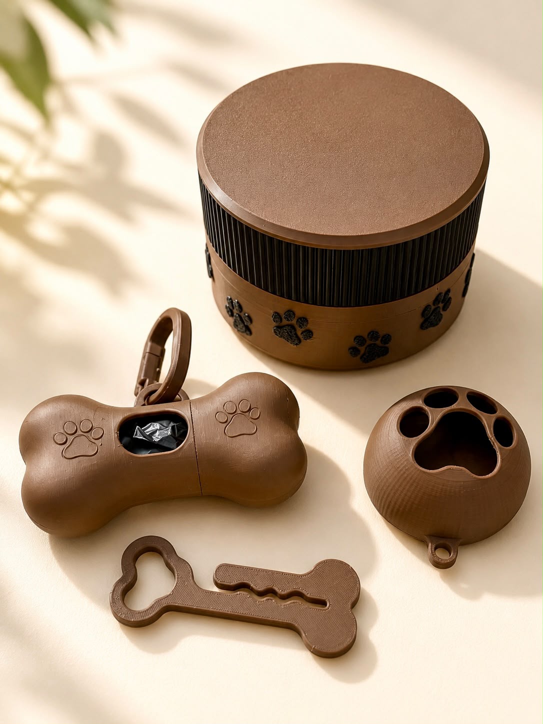Complete brown pet walking set with organizer, dispenser, paw accessory and bottle opener