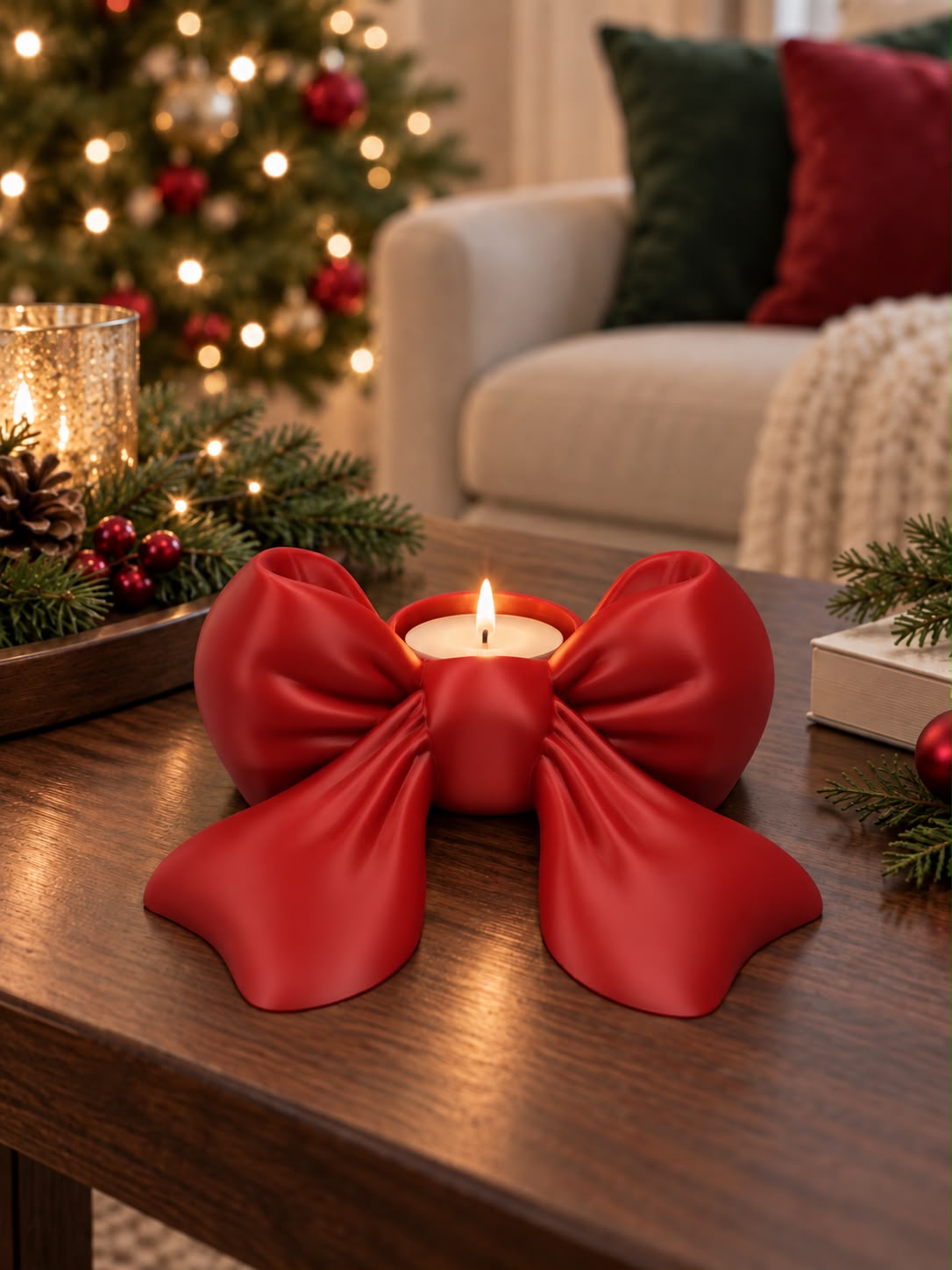 Red sculptural bow-shaped LED tea light holder glowing on a wooden table in a Christmas living room