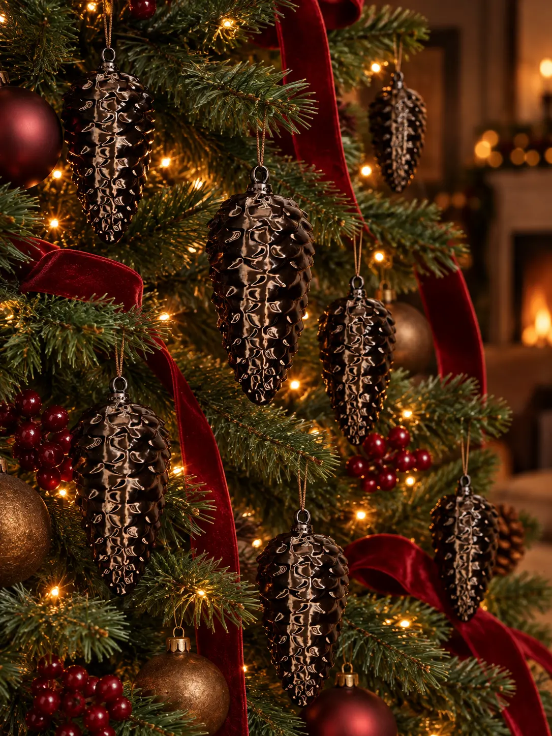 Bronze-gold 3D-printed pinecone ornaments hanging on a Christmas tree with burgundy velvet ribbon