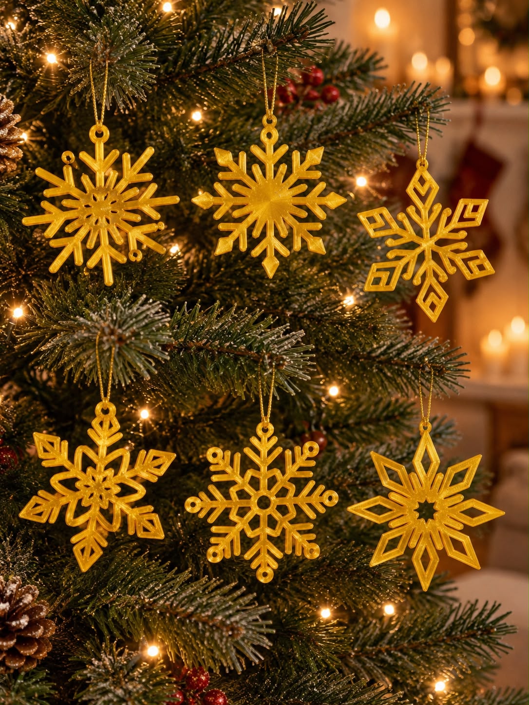 Six golden 3D-printed snowflake ornaments in unique designs hanging on a decorated Christmas tree