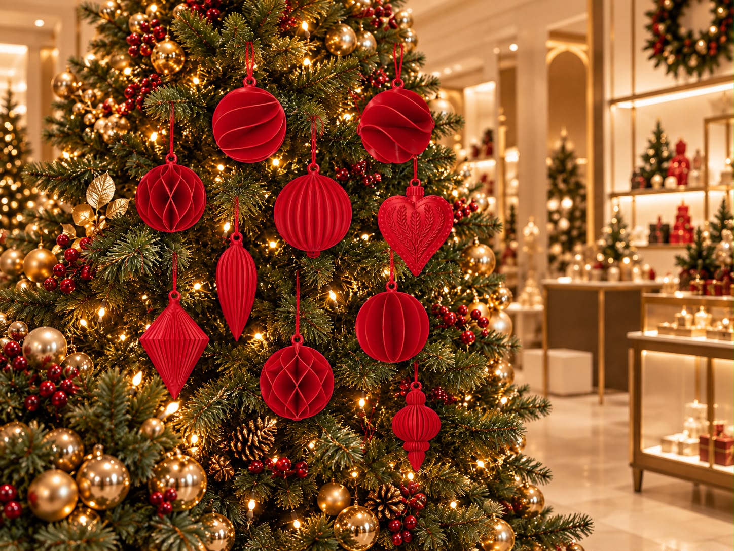 Set of red 3D-printed ornaments in assorted modern shapes — spheres, drops and a heart — hanging on a Christmas tree