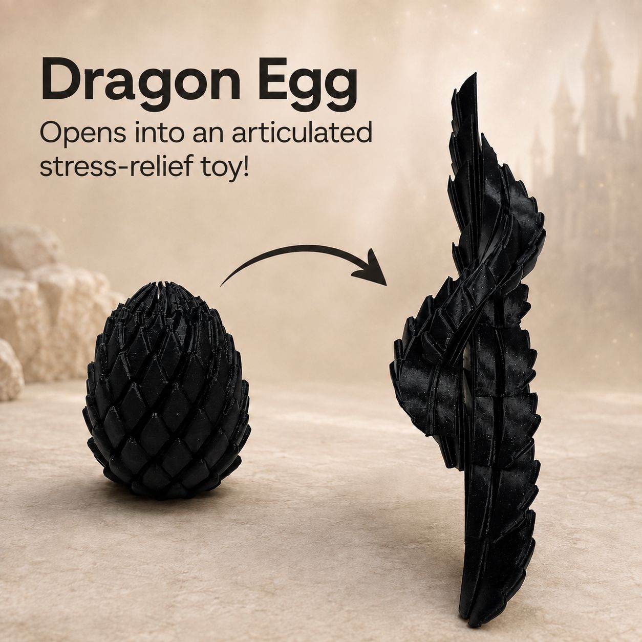 Black 3D-printed dragon egg shown closed and transformed into a fully articulated dragon