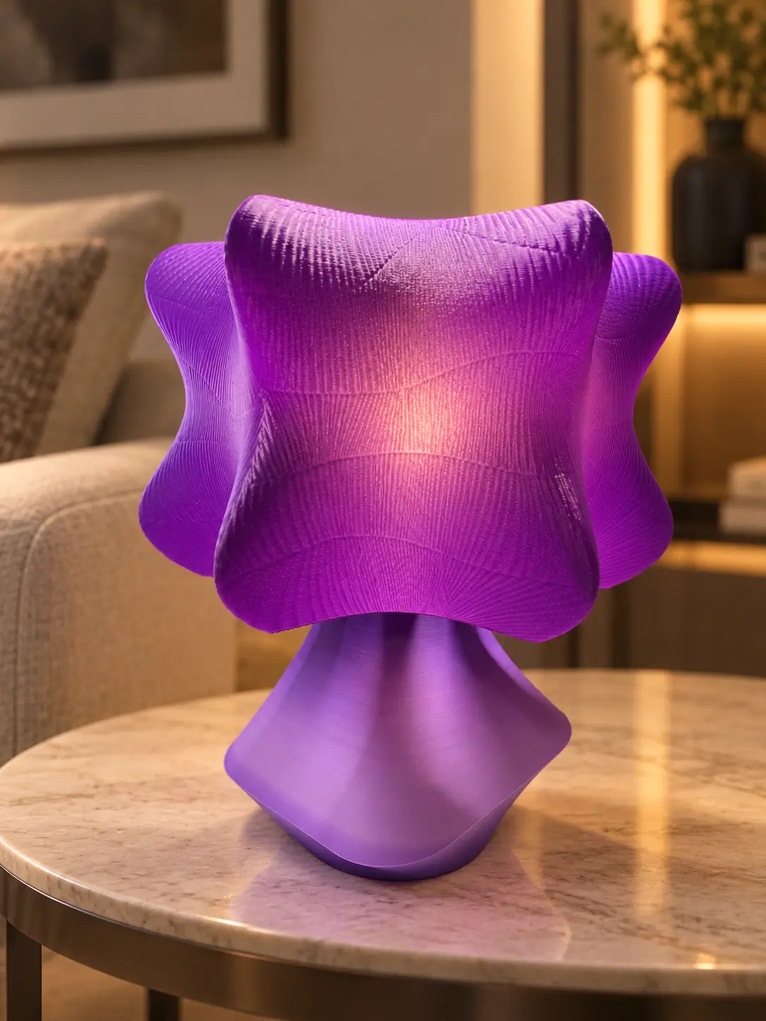 Purple sculptural 3D-printed table lamp glowing on a marble side table