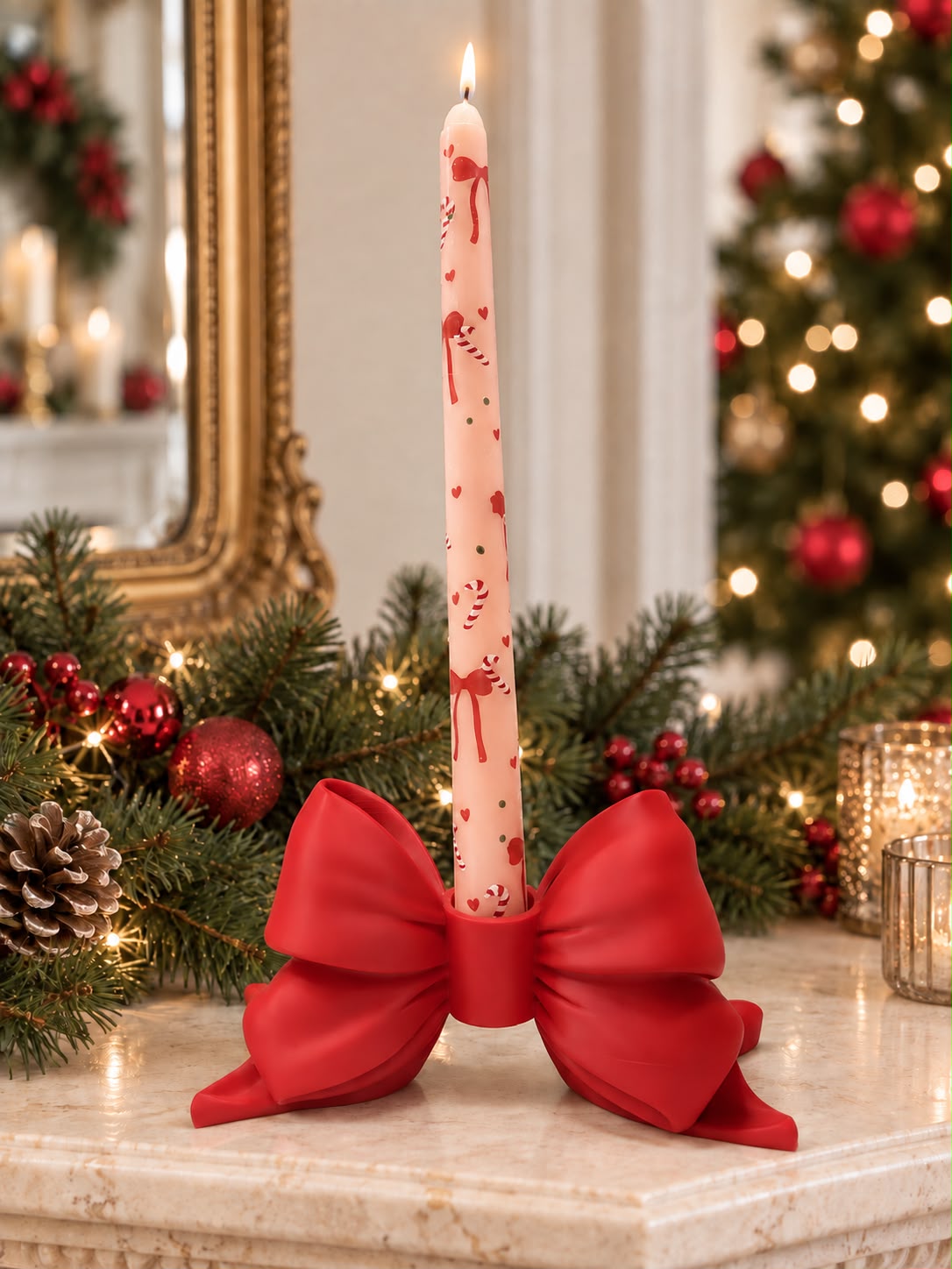Red sculptural bow-shaped taper candle holder with a festive LED candle in a Christmas display