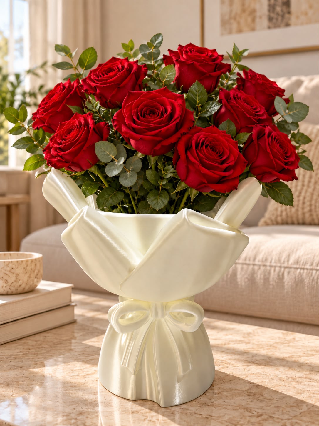 Pearlescent ivory sculptural vase shaped like folded gift wrap with a bow, holding red roses on a marble coffee table