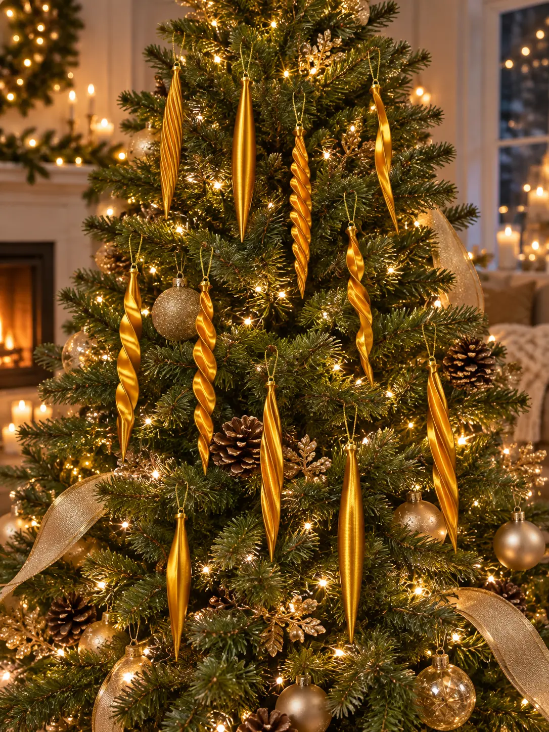 Gold twisted 3D-printed icicle ornaments hanging on a lit Christmas tree