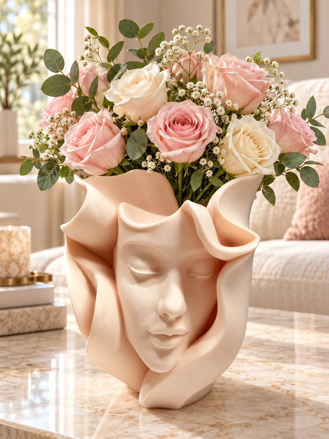 Sculptural face vase in blush ivory holding pale pink and cream roses on a marble coffee table