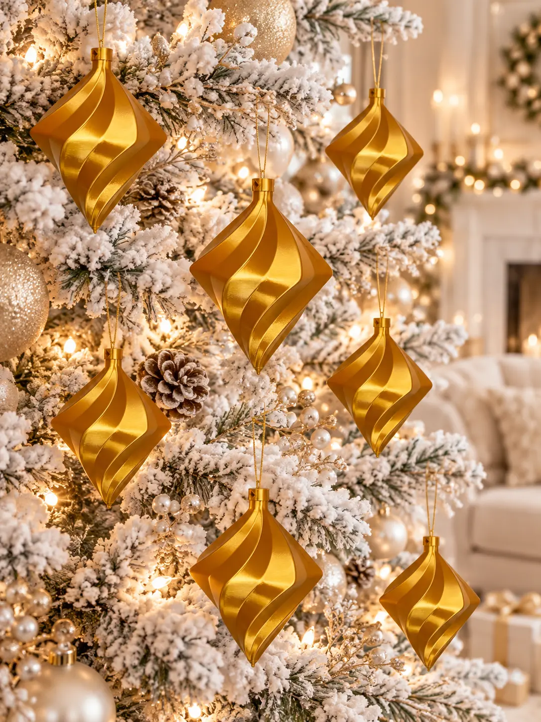 Seven gold 3D-printed swirl ornaments hanging on a flocked Christmas tree