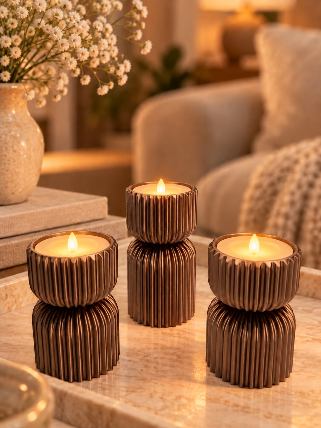 Set of three bronze-brown ribbed tea light holders glowing with LED candles on a marble tray
