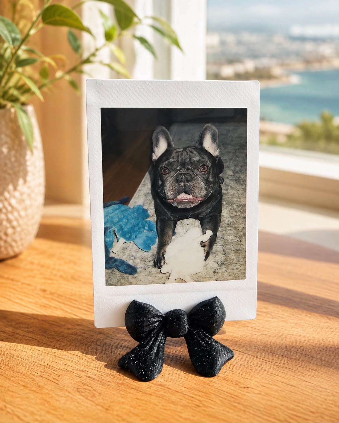 Black bow-shaped photo holder displaying an instant photo of a dog