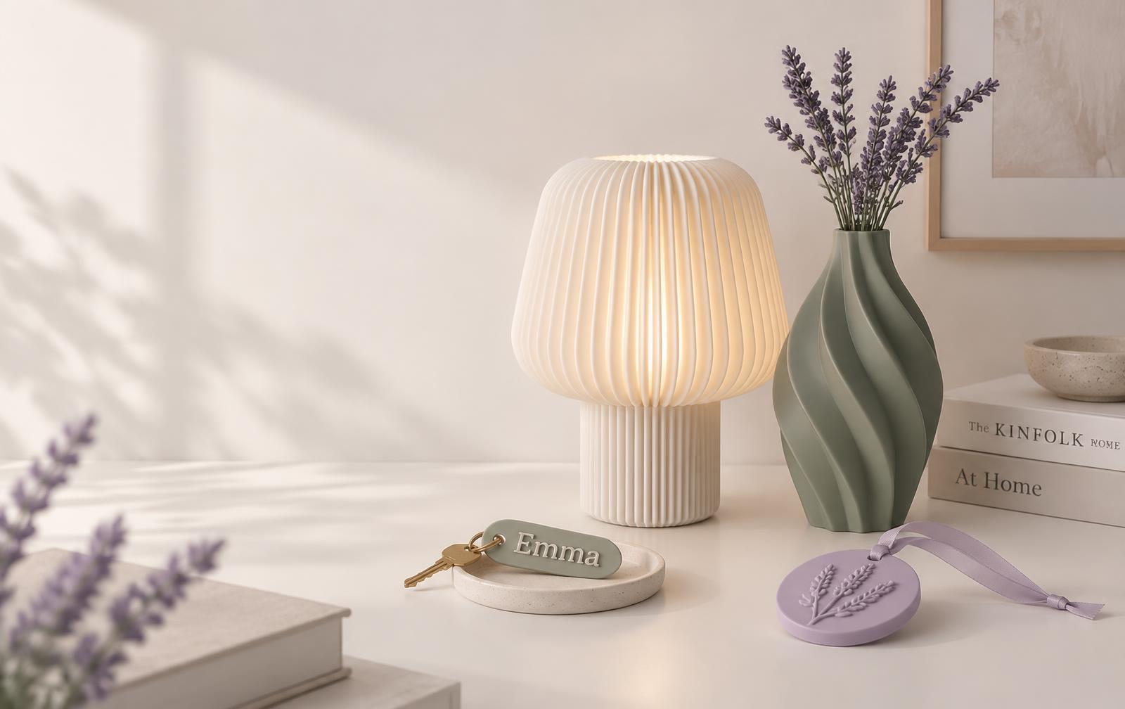 3D-printed glowing ribbed lamp, sage green swirl vase and personalized gifts on a soft white table